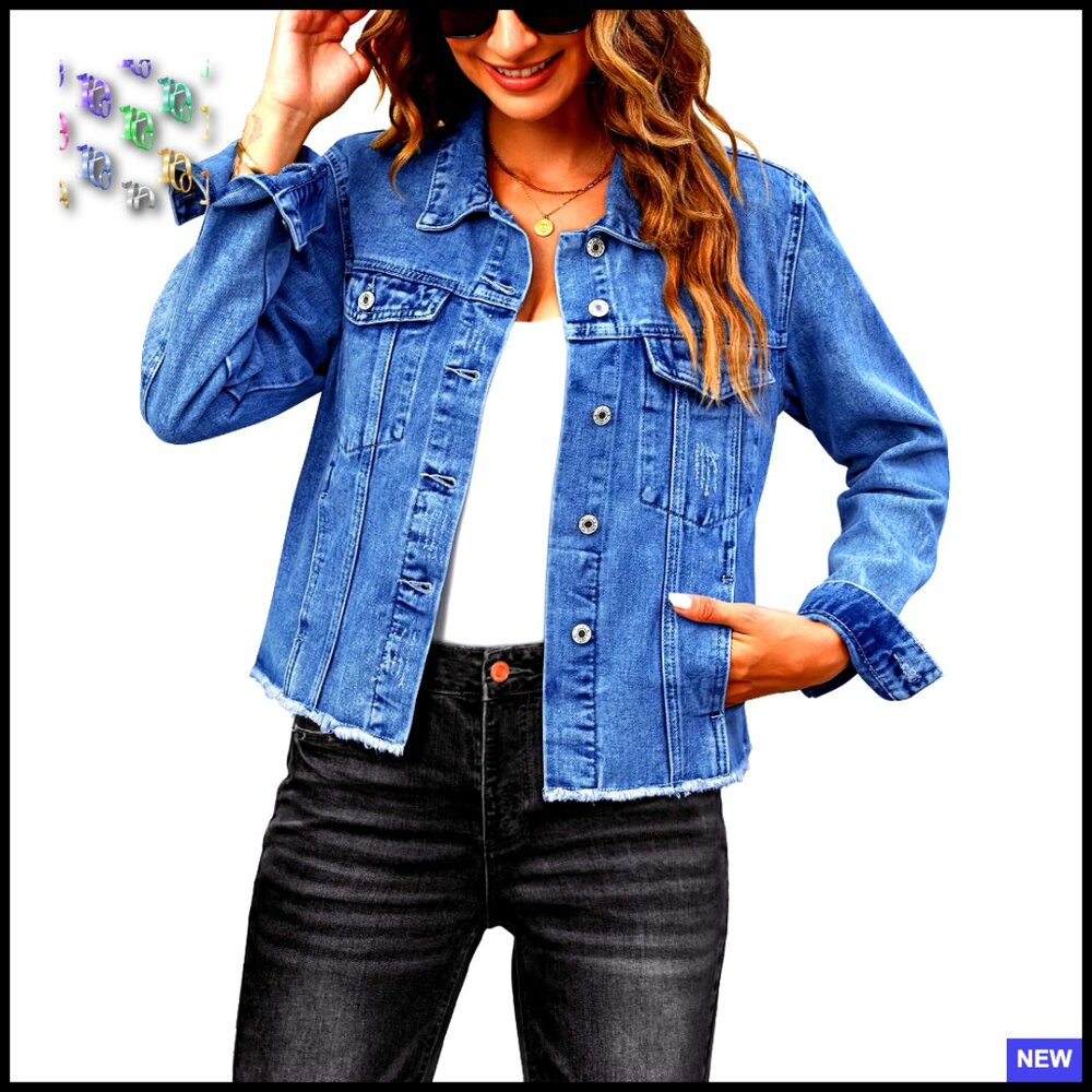 Distressed Denim Jacket Vintage Western Trucker Frayed Hem Button Up Casual